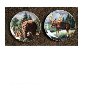 Set of 2 Brown Bear and Moose Collector Plates Rustic Lodge Cabin Nature 8.25"